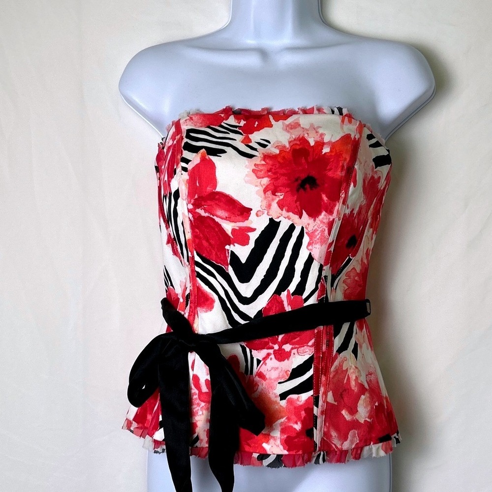 White House Black Market Floral Zebra Strapless Corset Top Size 2 Pink Black